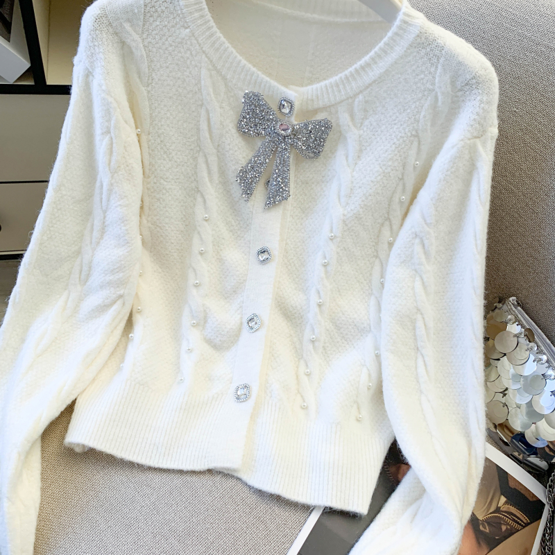 Short France style slim sweater bow spring red tops for women