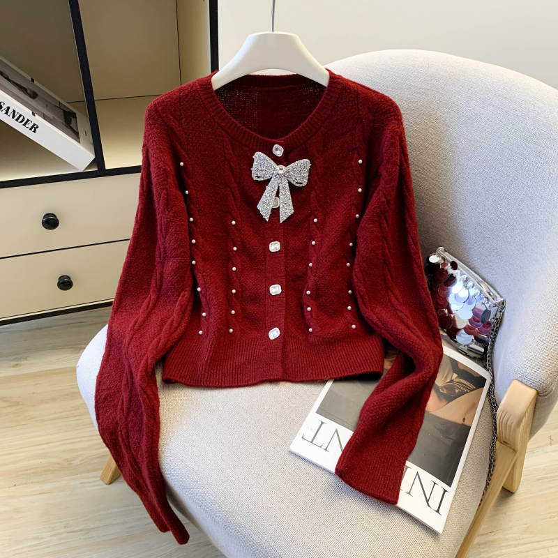 Short France style slim sweater bow spring red tops for women