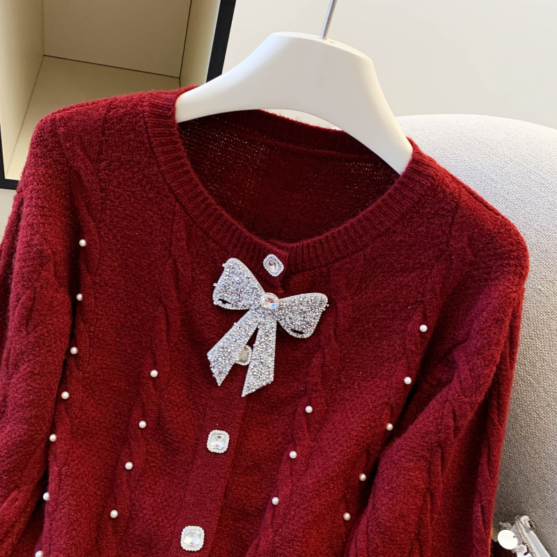 Short France style slim sweater bow spring red tops for women