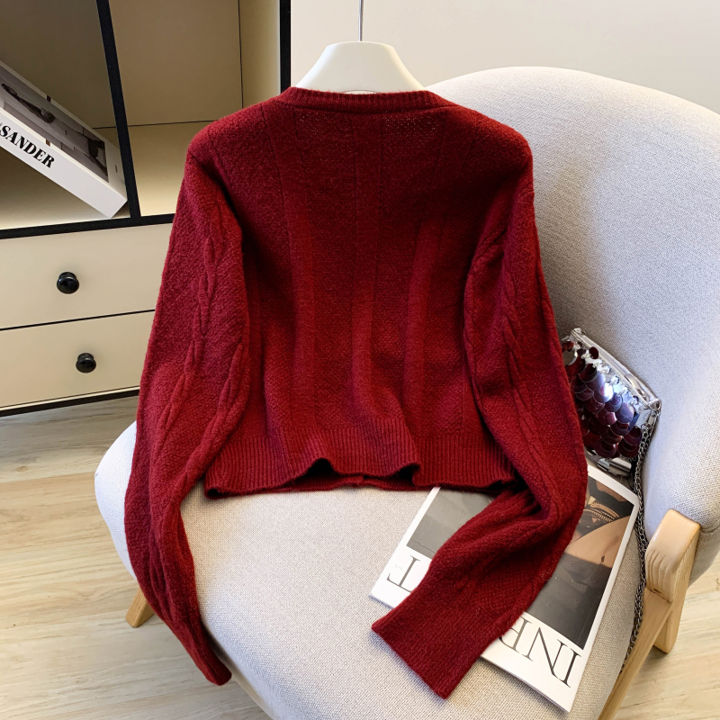 Short France style slim sweater bow spring red tops for women
