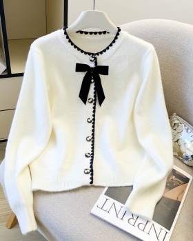 Bow knitted sweater spring round neck cardigan for women