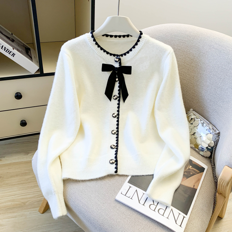Bow knitted sweater spring round neck cardigan for women