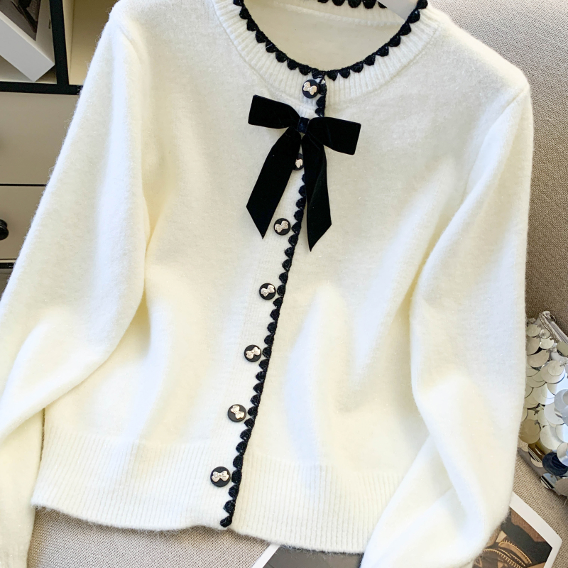 Bow knitted sweater spring round neck cardigan for women