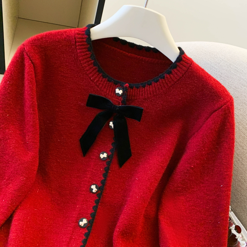 Bow knitted sweater spring round neck cardigan for women