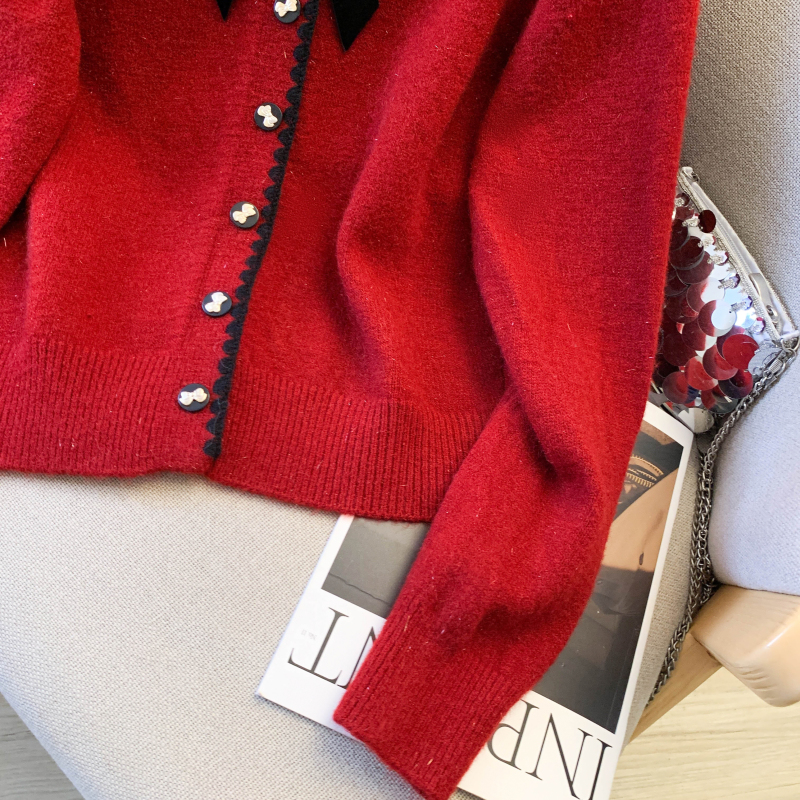 Bow knitted sweater spring round neck cardigan for women