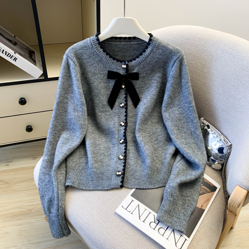 Bow knitted sweater spring round neck cardigan for women