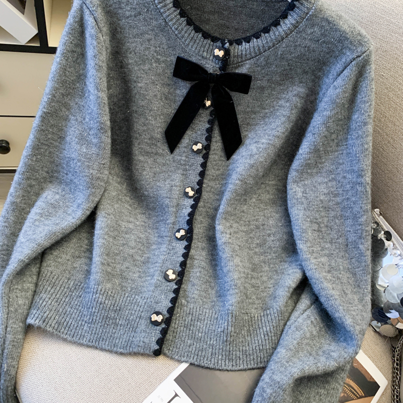 Bow knitted sweater spring round neck cardigan for women