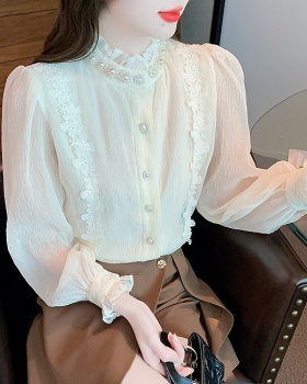 Spring cstand collar lace pearl light court style shirt for women