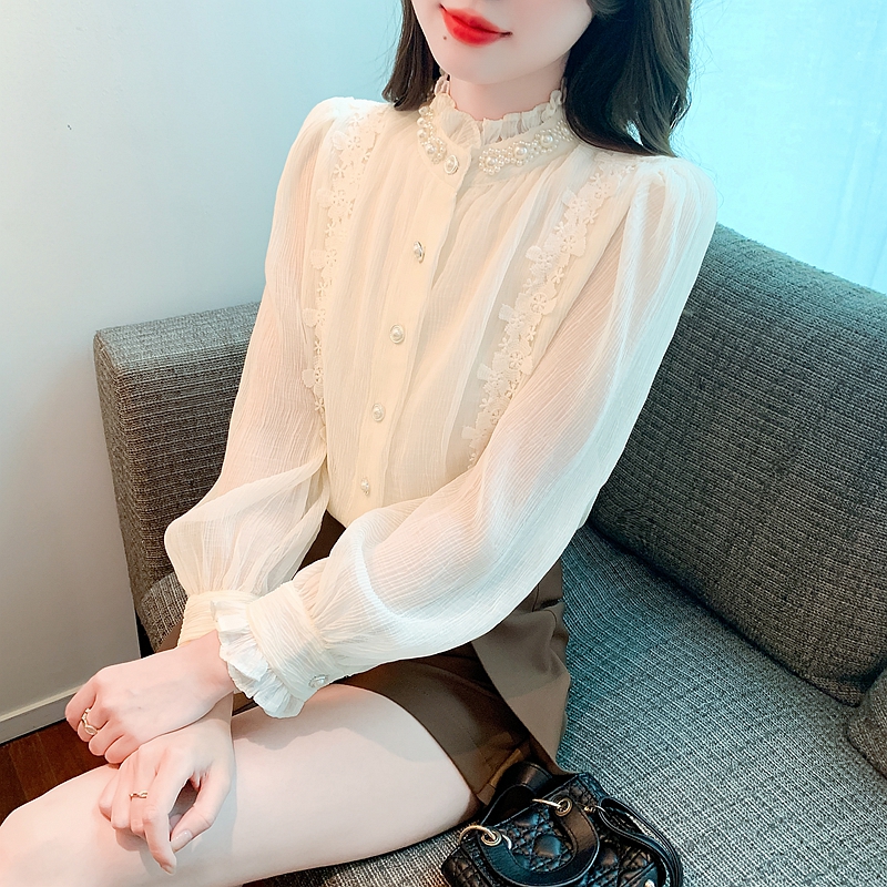 Spring cstand collar lace pearl light court style shirt for women