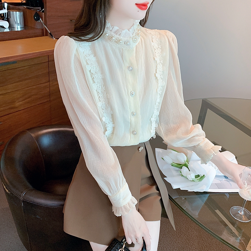 Spring cstand collar lace pearl light court style shirt for women