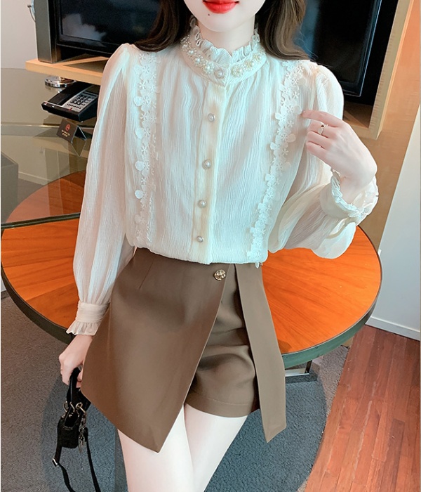 Spring cstand collar lace pearl light court style shirt for women