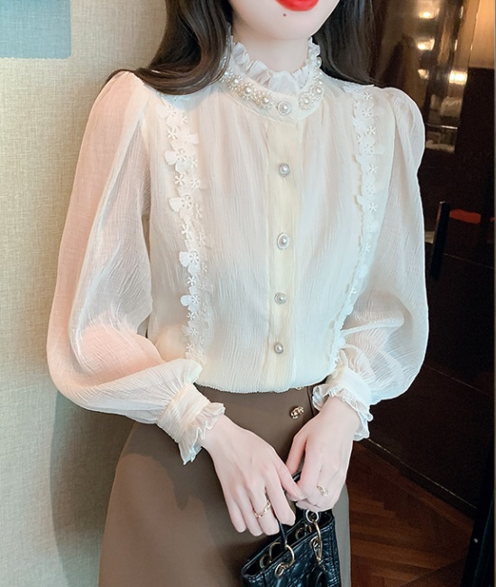 Spring cstand collar lace pearl light court style shirt for women