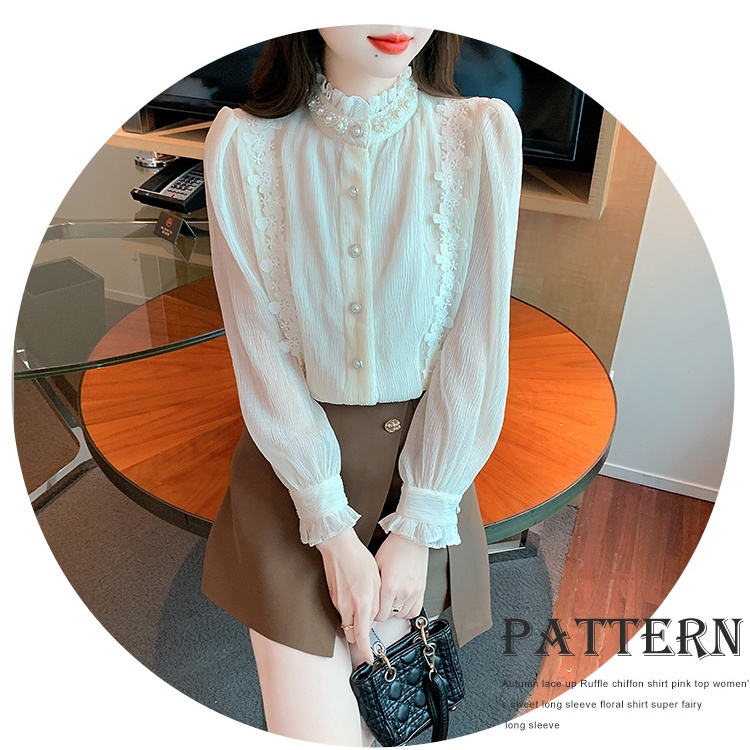 Spring cstand collar lace pearl light court style shirt for women