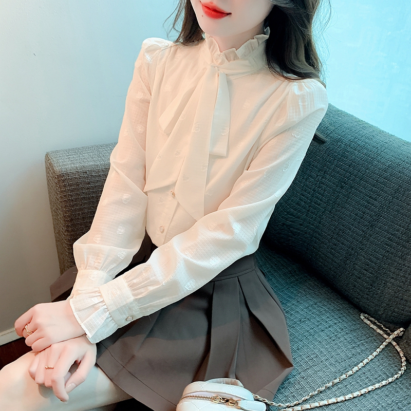 Apricot bow shirt spring cstand collar tops for women