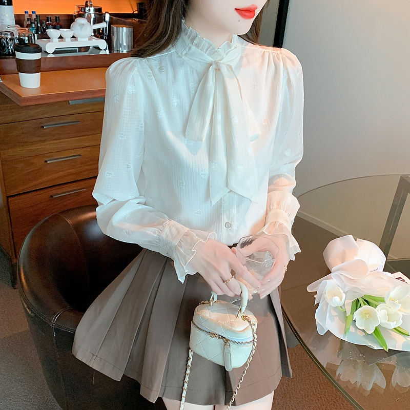 Apricot bow shirt spring cstand collar tops for women
