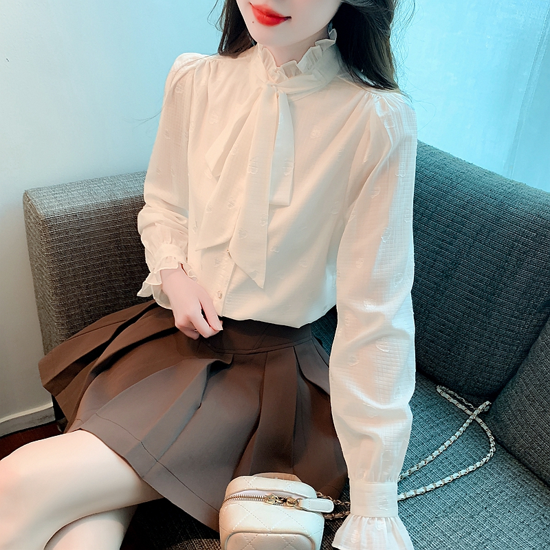 Apricot bow shirt spring cstand collar tops for women