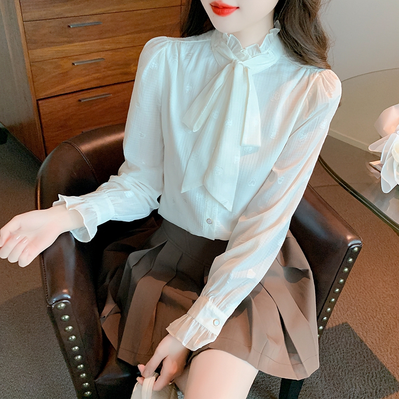 Apricot bow shirt spring cstand collar tops for women