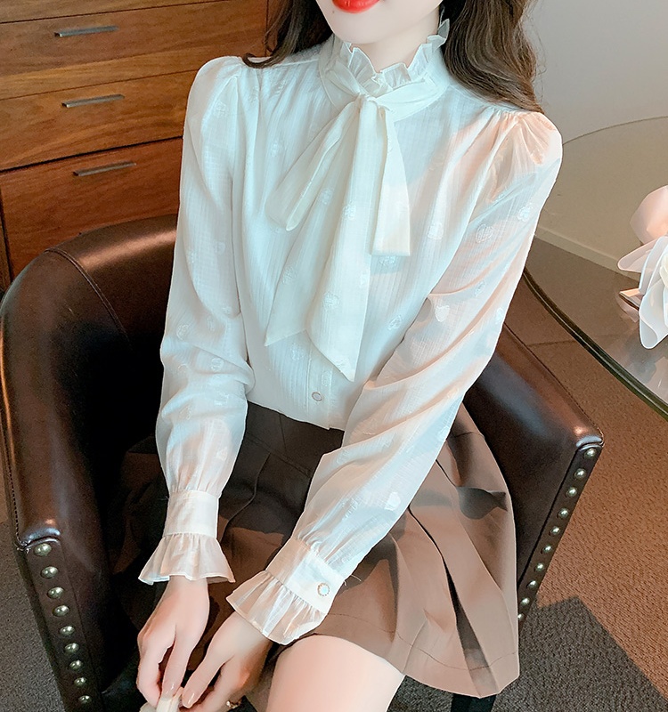 Apricot bow shirt spring cstand collar tops for women