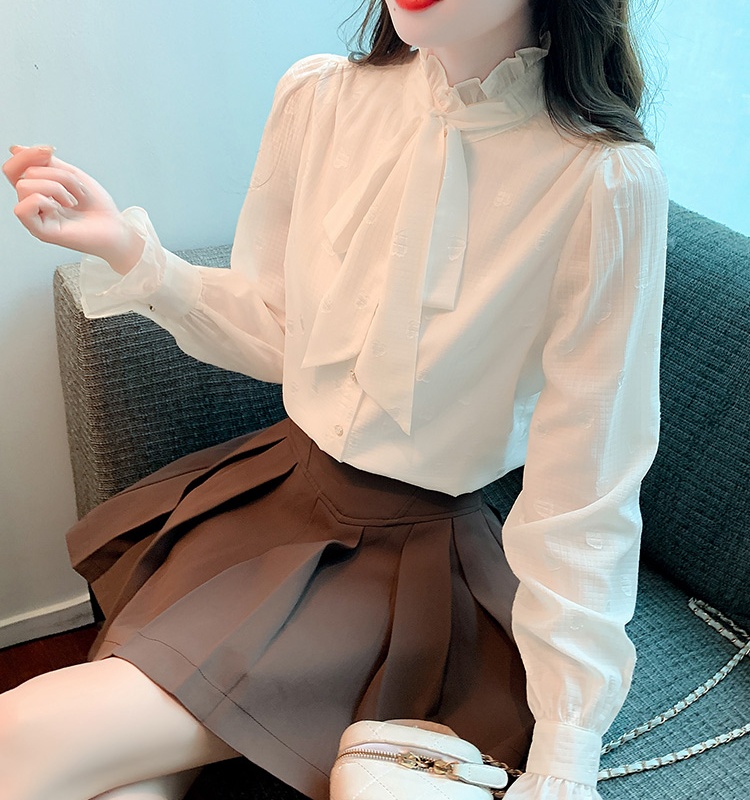 Apricot bow shirt spring cstand collar tops for women