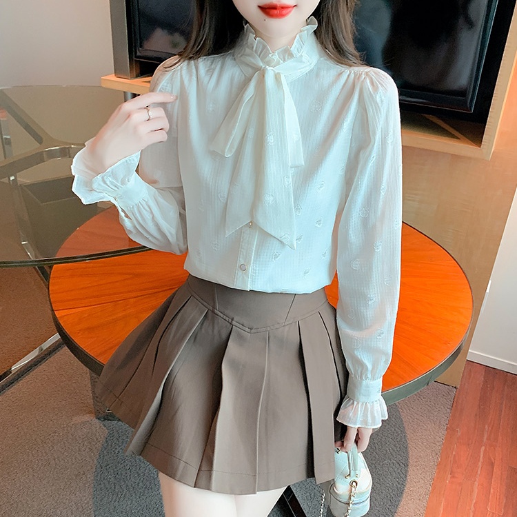 Apricot bow shirt spring cstand collar tops for women