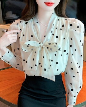 Fashion flocking chiffon shirt bow spring long sleeve tops