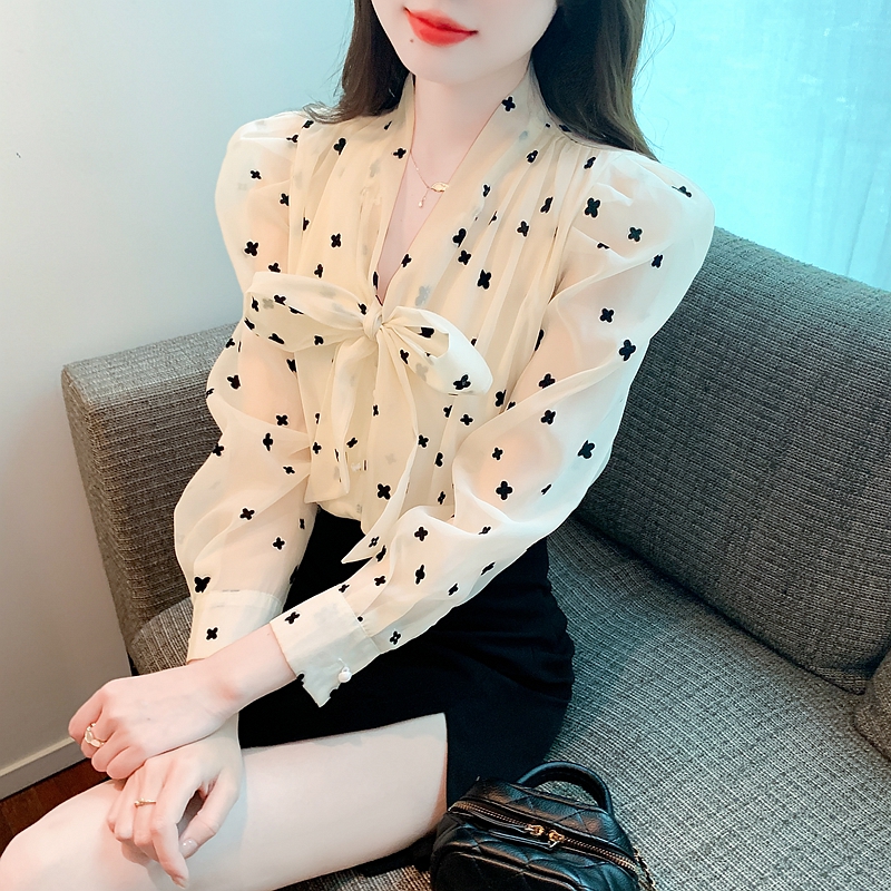 Fashion flocking chiffon shirt bow spring long sleeve tops