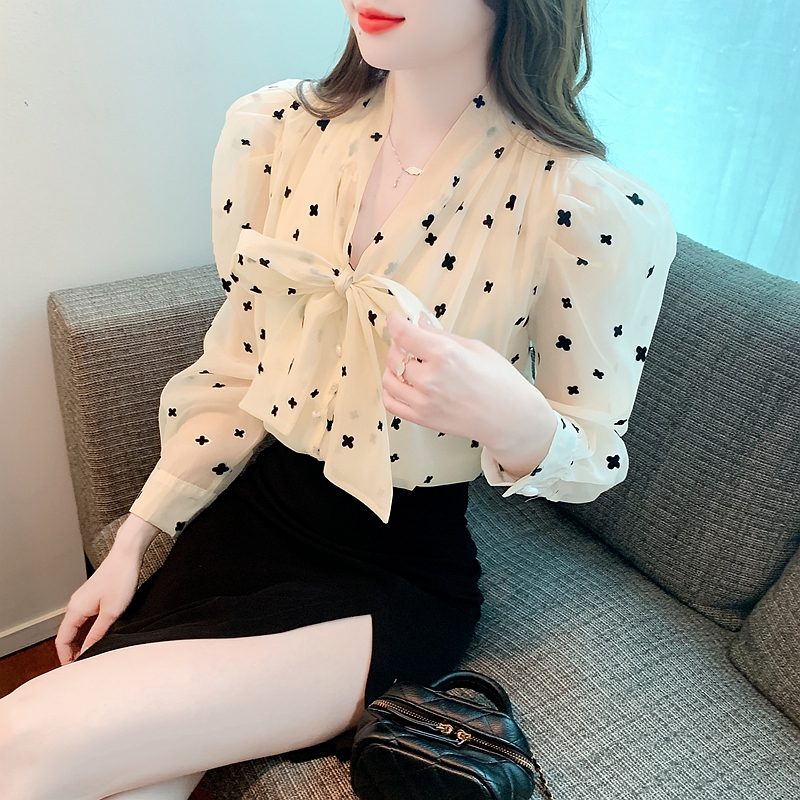 Fashion flocking chiffon shirt bow spring long sleeve tops