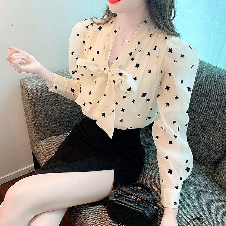 Fashion flocking chiffon shirt bow spring long sleeve tops