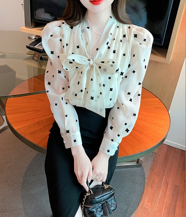 Fashion flocking chiffon shirt bow spring long sleeve tops