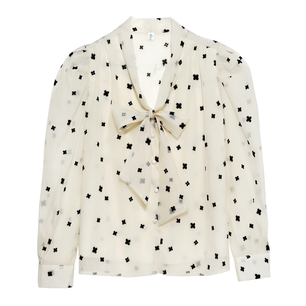 Fashion flocking chiffon shirt bow spring long sleeve tops