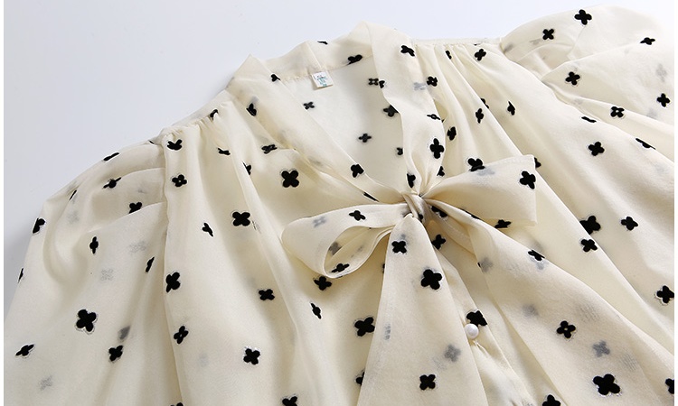 Fashion flocking chiffon shirt bow spring long sleeve tops