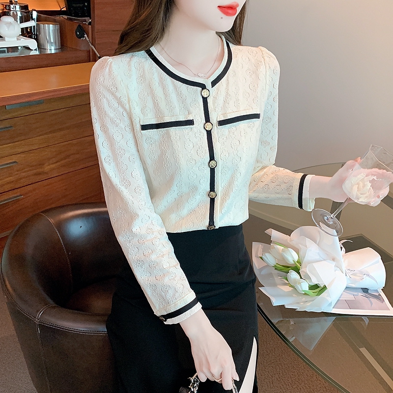Hollow long sleeve round neck embroidered shirt