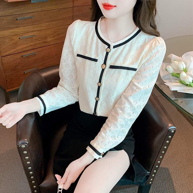 Hollow long sleeve round neck embroidered shirt