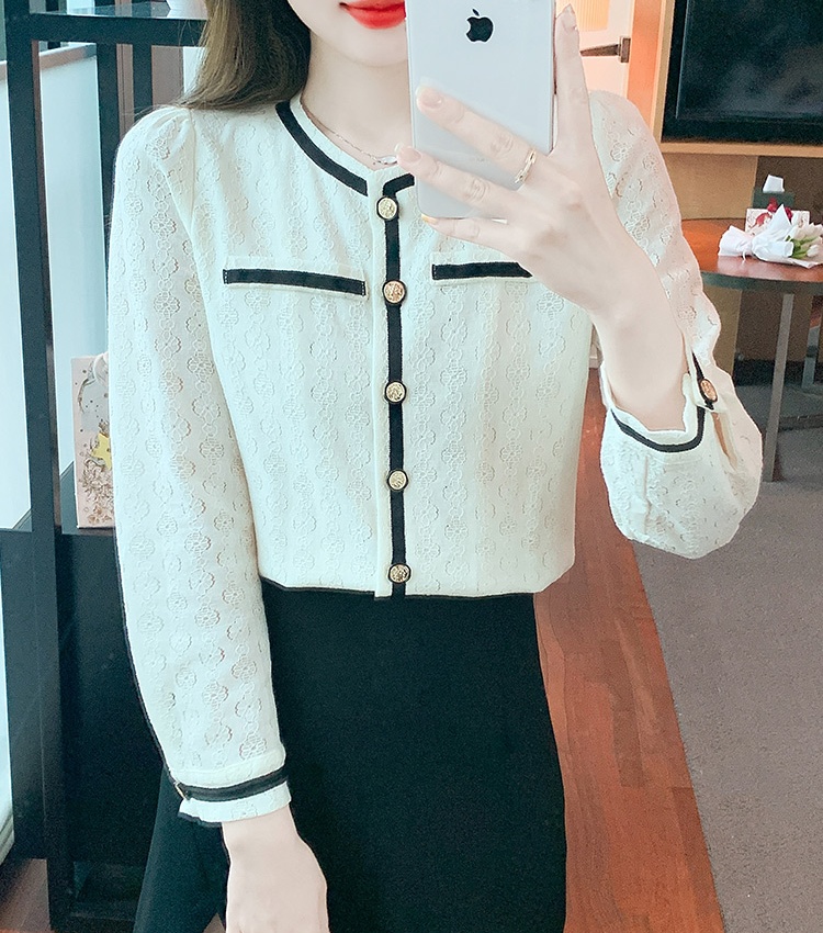 Hollow long sleeve round neck embroidered shirt