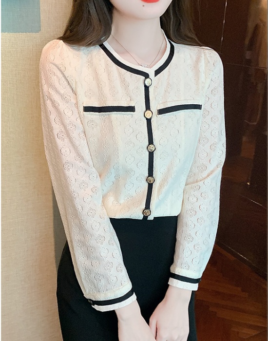 Hollow long sleeve round neck embroidered shirt