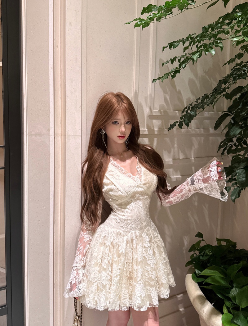 Lace temperament spring long sleeve France style dress