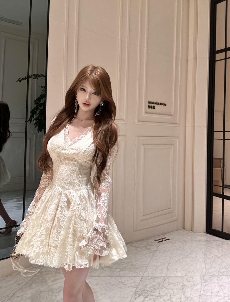 Lace temperament spring long sleeve France style dress