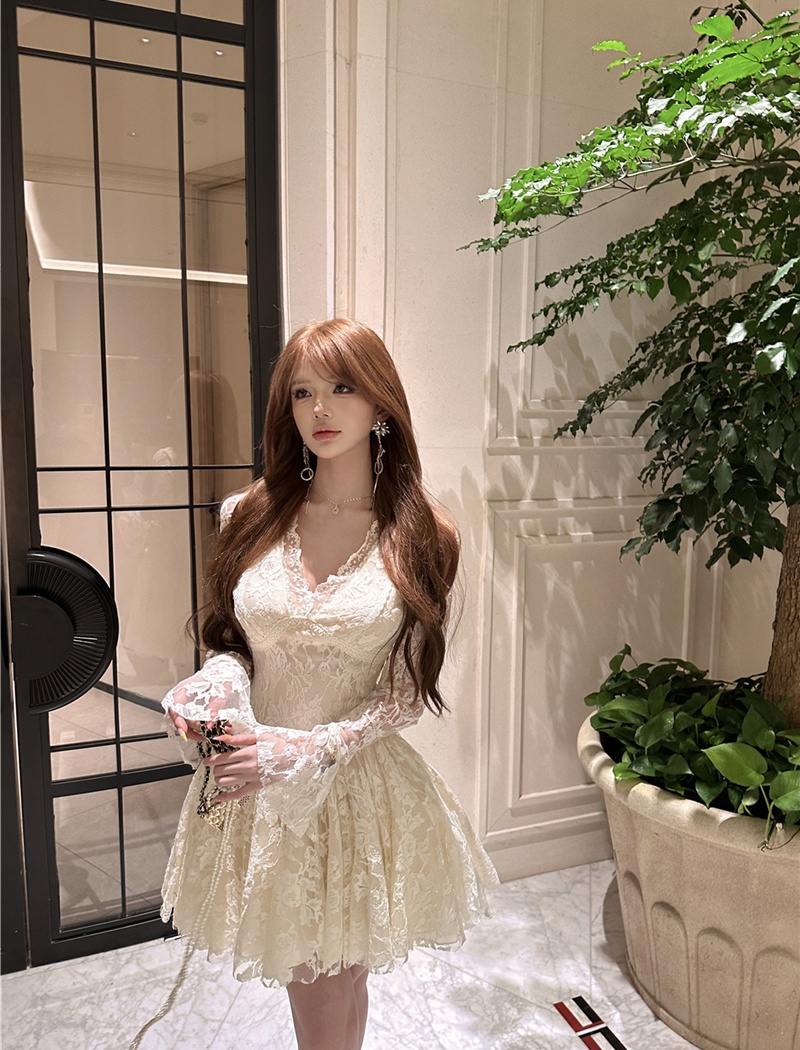 Lace temperament spring long sleeve France style dress
