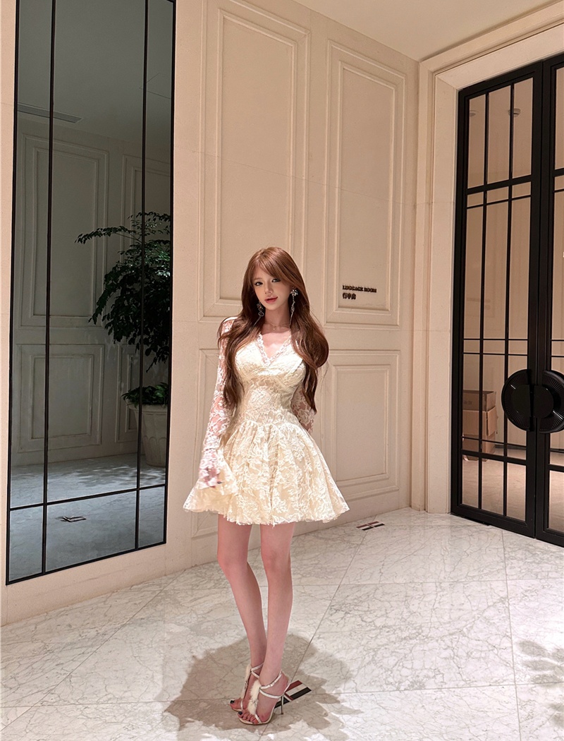 Lace temperament spring long sleeve France style dress