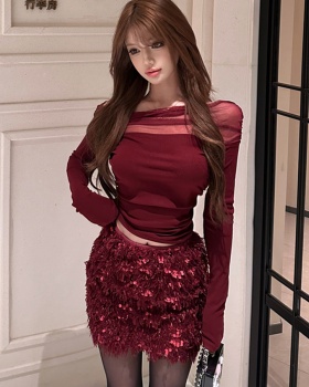 Sequins T-shirt hip tassel bag a set for women