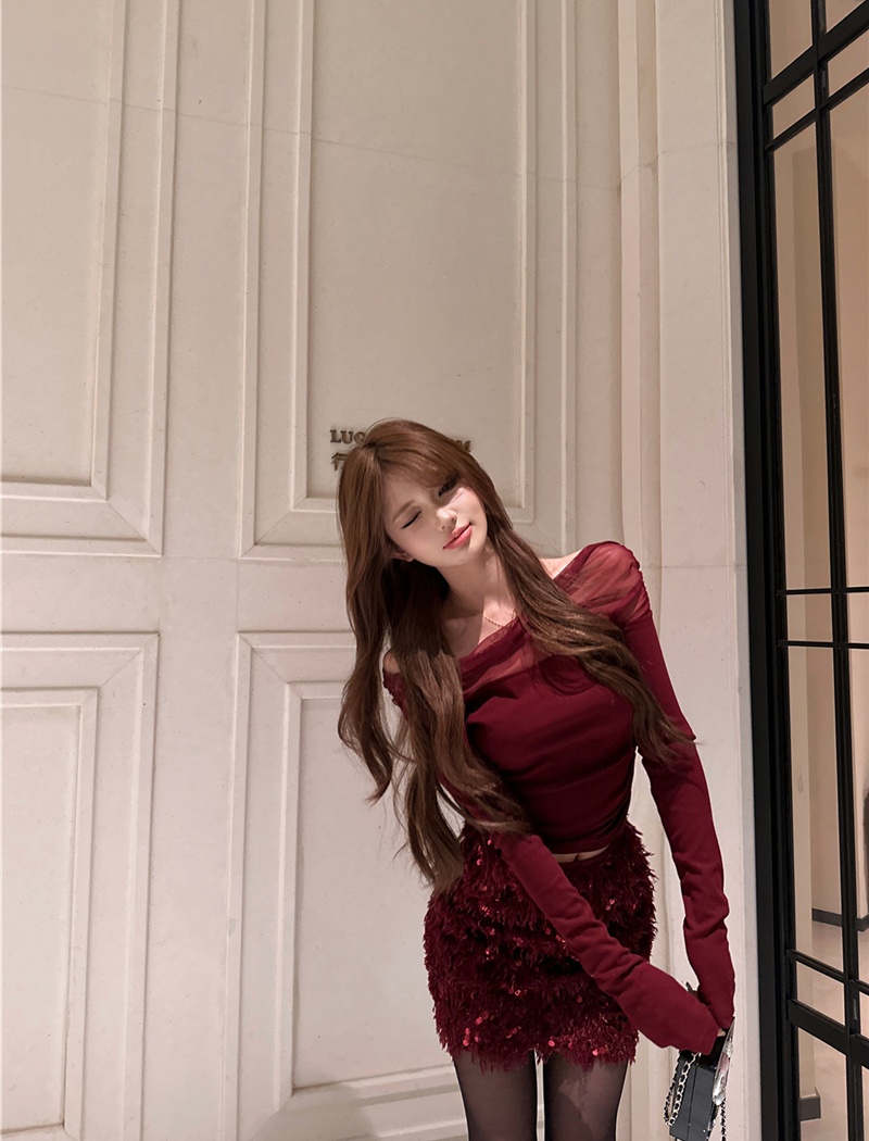 Sequins T-shirt hip tassel bag a set for women