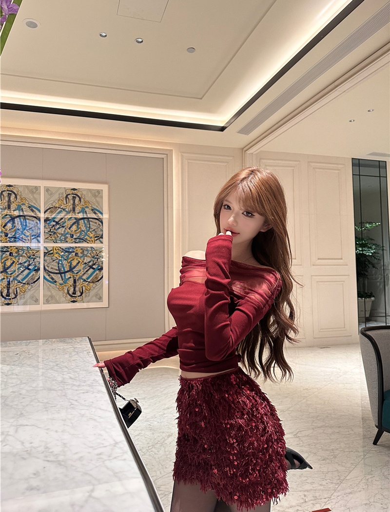 Sequins T-shirt hip tassel bag a set for women