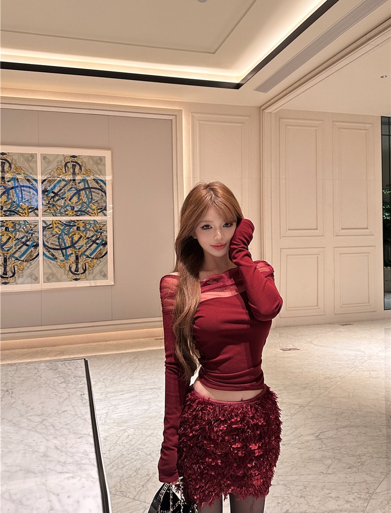 Sequins T-shirt hip tassel bag a set for women