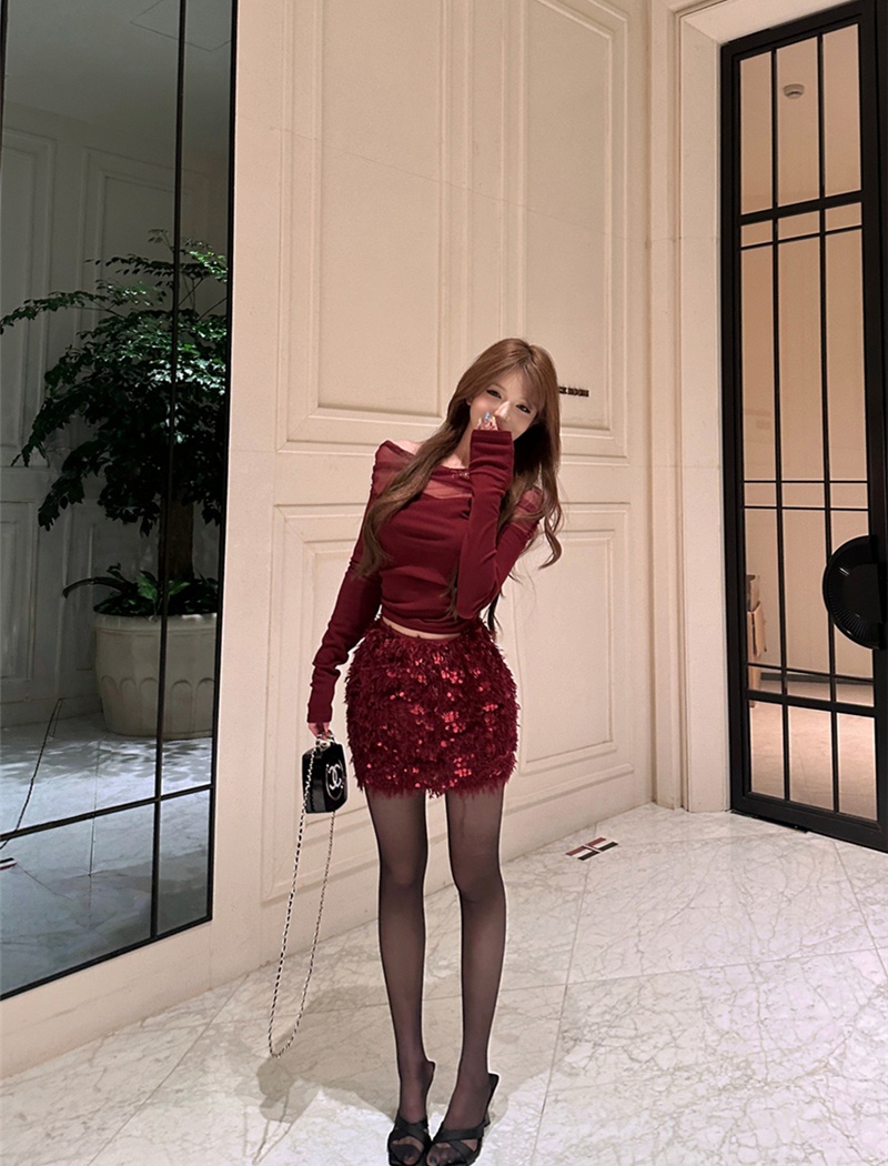 Sequins T-shirt hip tassel bag a set for women