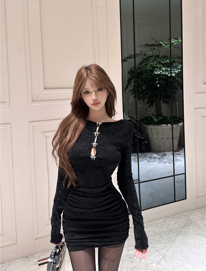 Sexy hollow wear package hip pinched waist retro dress