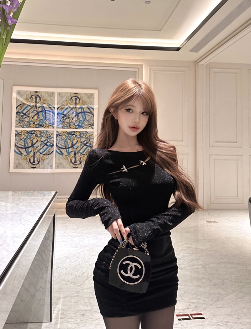 Sexy hollow wear package hip pinched waist retro dress