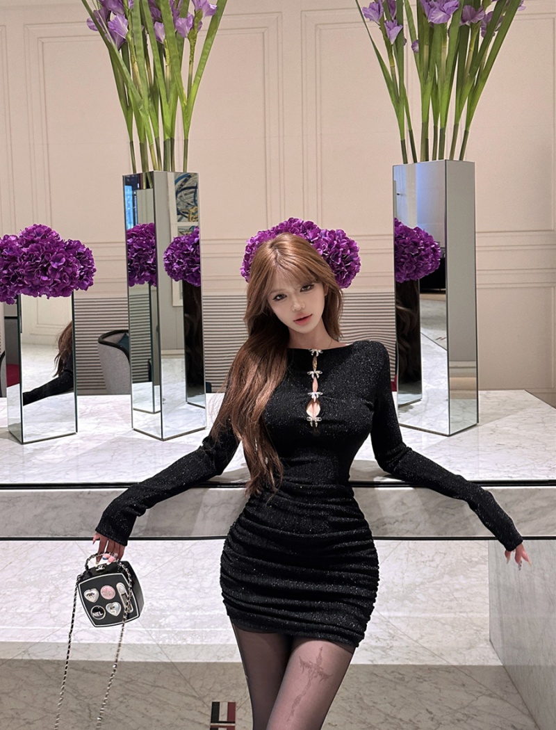Sexy hollow wear package hip pinched waist retro dress