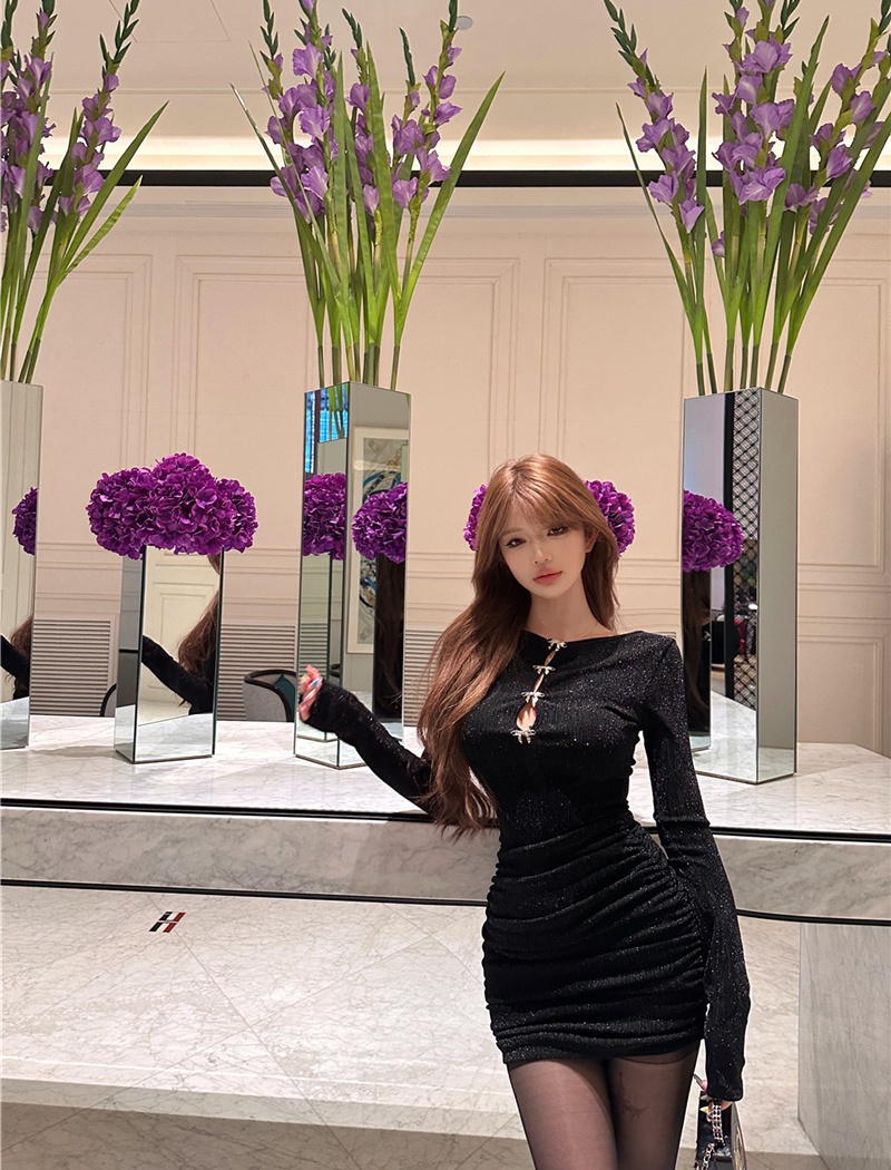 Sexy hollow wear package hip pinched waist retro dress