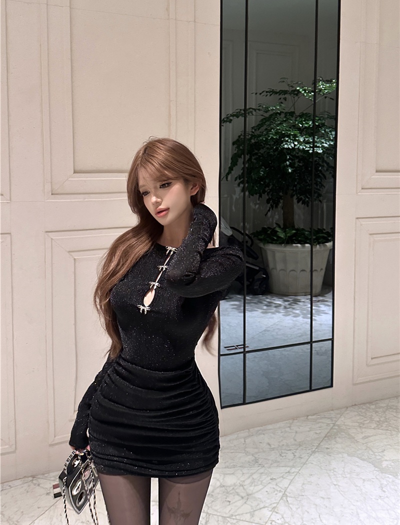 Sexy hollow wear package hip pinched waist retro dress