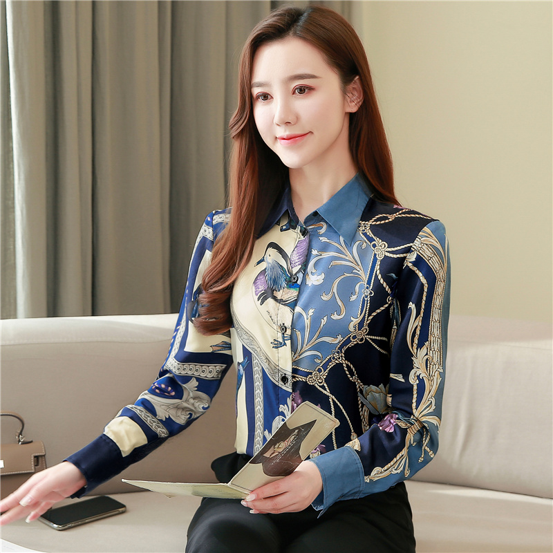 Spring retro tops twill real silk shirt for women